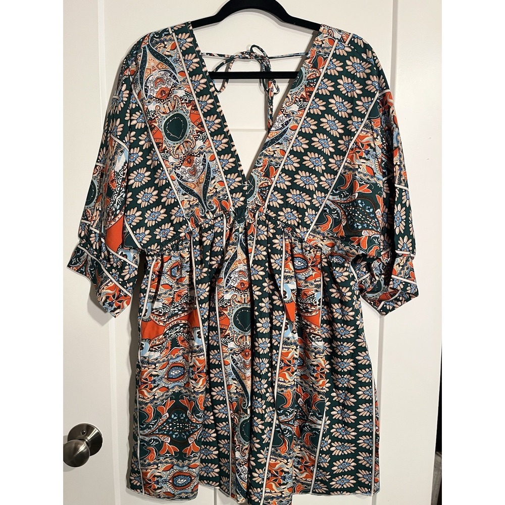 SHEIN Womens L Boho Floral Paisley Babydoll Mini Dress 3/4 Sleeve Green Orange